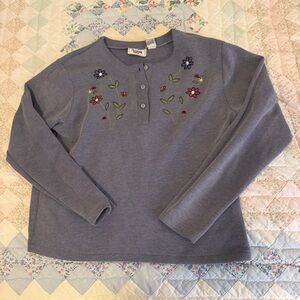 Vintage Kenneth Too! Floral Embroidered Ribbed Henley Cottagecore Top Size M